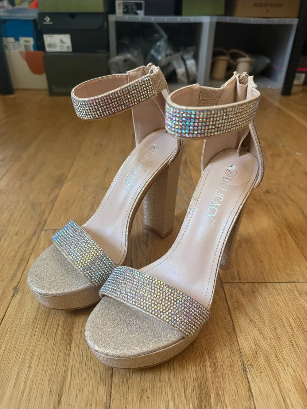 Dollhouse Champagne Glitter Platform Sandals with Crystal Straps
